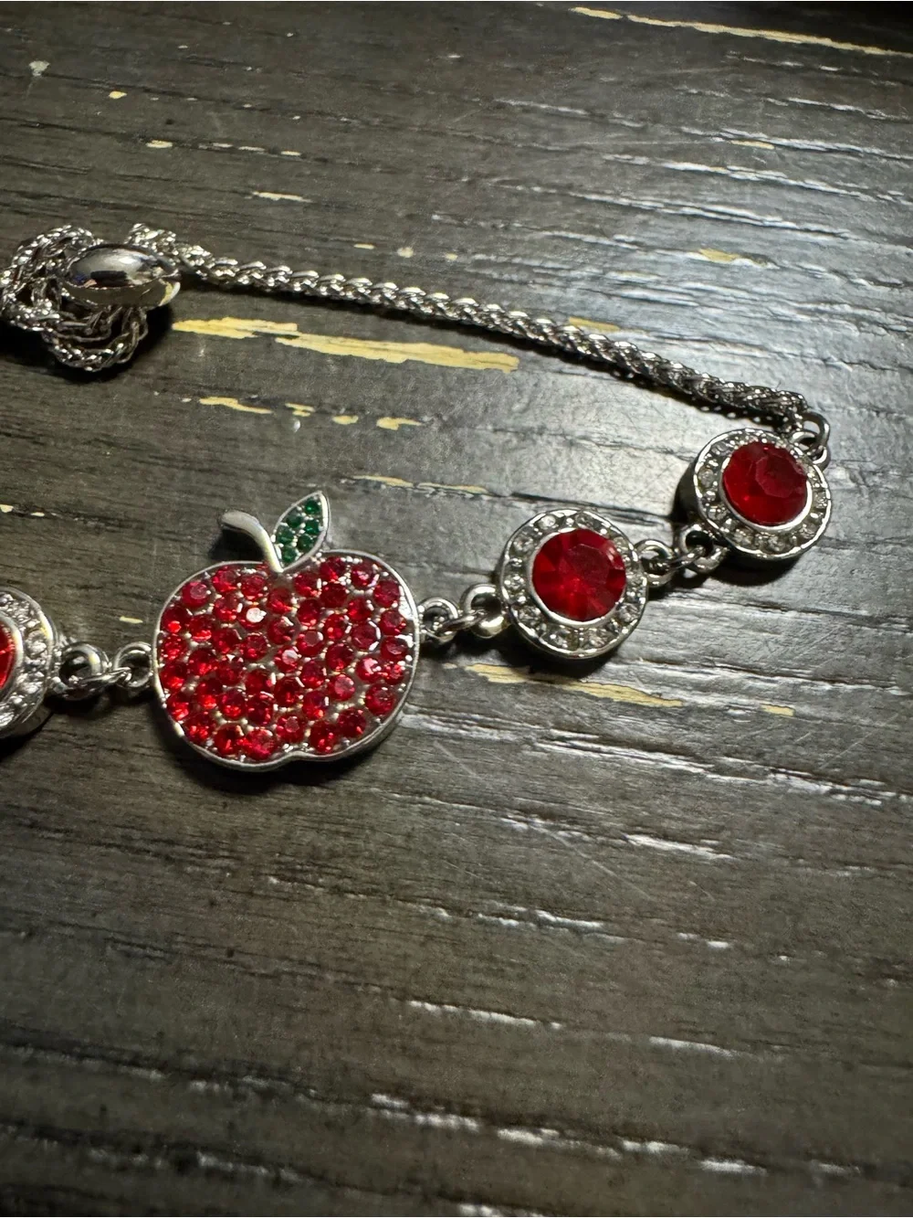 Source Unknown Silver-Tone Apple Charm Bracelet with Red and Green Crystals